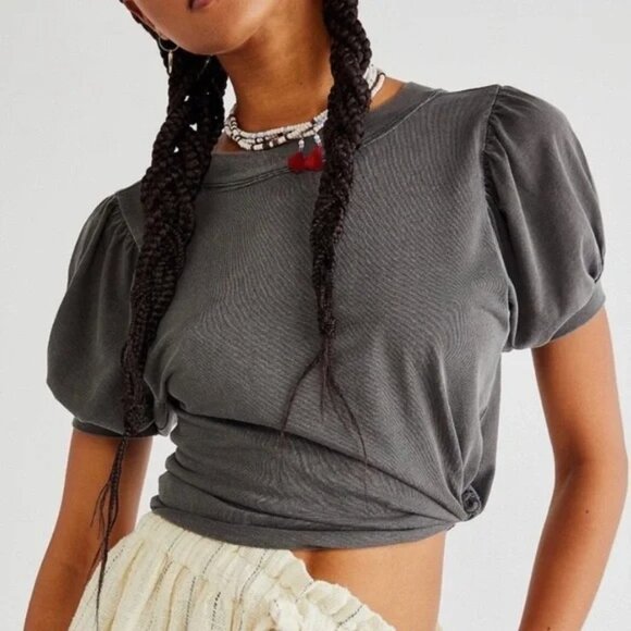 Free People Black Peony Puff-Sleeves Puff Shoulder Short Sleeves Tee T-Shirt Top - Picture 3 of 12